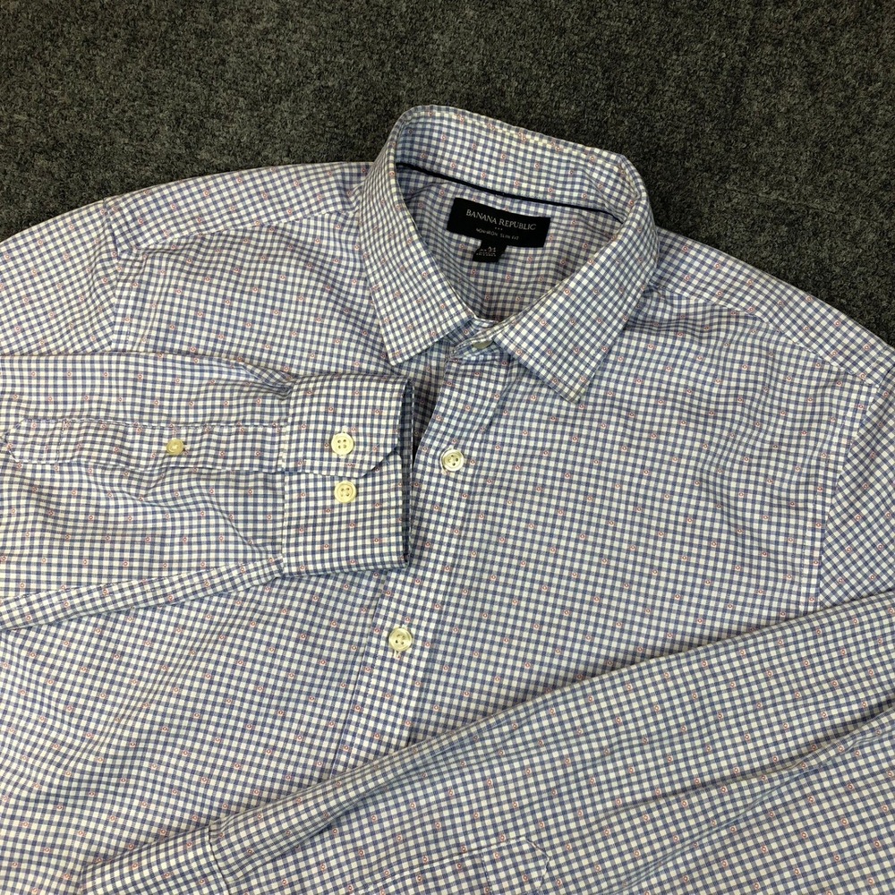 Banana Republic Mens Size Medium 15-15.5 33-34 Slim Fit Blue Gingham Dress Shirt